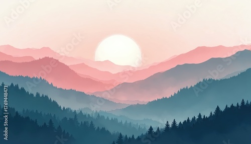 Layered mountain ranges with silhouetted pine trees against a soft pink and blue gradient sky. A large sun rises over the misty, distant peaks, creating a serene natural landscape.