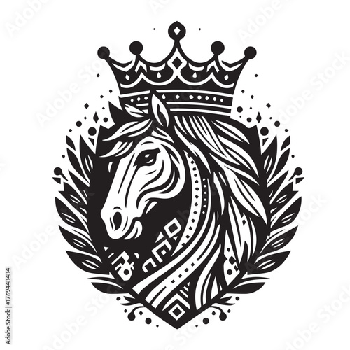 black and white horse wearing crown logo vector
