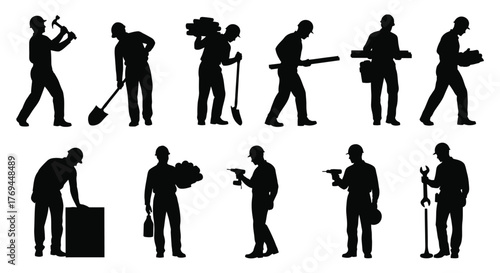 Silhouette of construction worker in various poses vector illustration