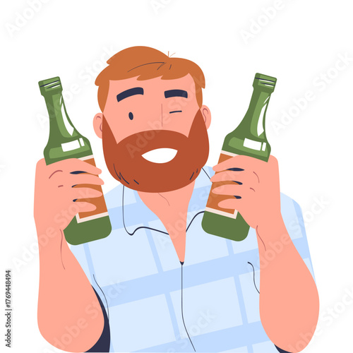 Bearded Man with Alcohol Drink and Beverage in Bottle Vector Illustration