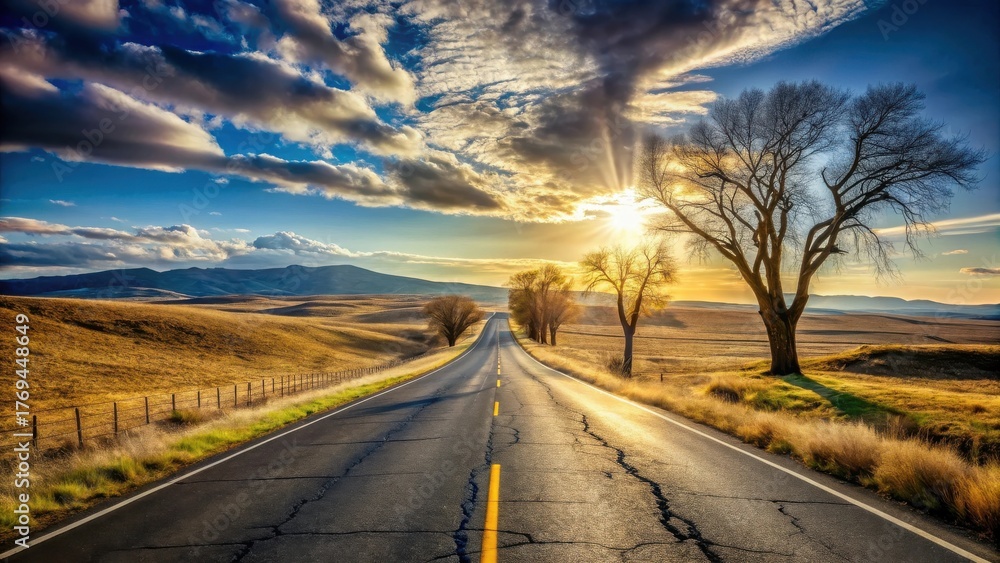 Naklejka premium Asphalt ribbon unwinding towards a breathtaking sunset, flanked by sturdy trees, leading to distant hills under a dramatic sky