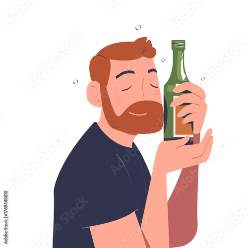 Bearded Man with Alcohol Drink and Beverage in Bottle Vector Illustration