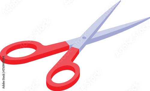 Red handled scissors on white background, isometric view, representing cutting, tailoring, or crafting
