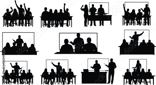 Silhouette of people in a classroom setting, students are listening to the teacher and raising their hands