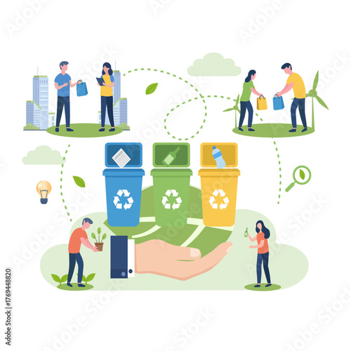People actively participating in recycling and environmental protection, placing waste into color-coded bins, symbolizing sustainability, green living, and caring for the planet