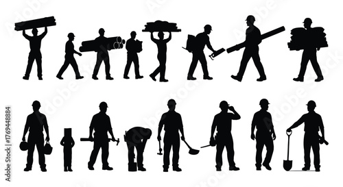Silhouette of construction workers carrying materials
