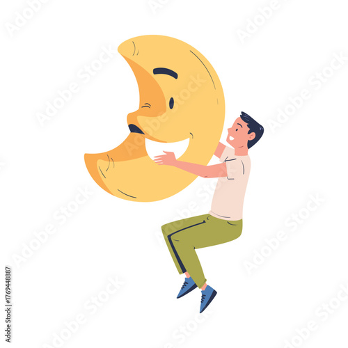 Man Character Holding Big Crescent Badge Vector Illustration