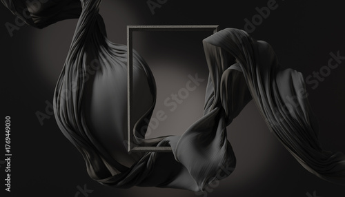 Fototapeta Naklejka Na Ścianę i Meble -  3D display podium, black background with wood frame pedestal and flying silk cloth curtain. Nature wind. Beauty, cosmetic product presentation stand. Luxury feminine mockup 3d render advertisement