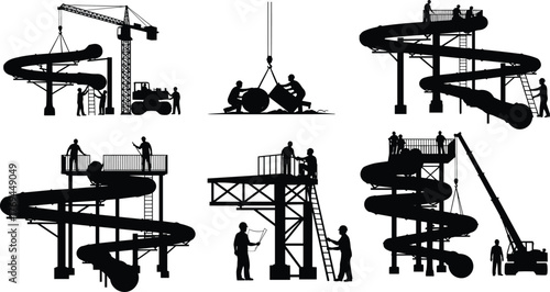 Silhouette vector illustration of workers constructing spiral water slide with crane, ladder, teamwork, safety, assembly, recreation, amusement park, and industry