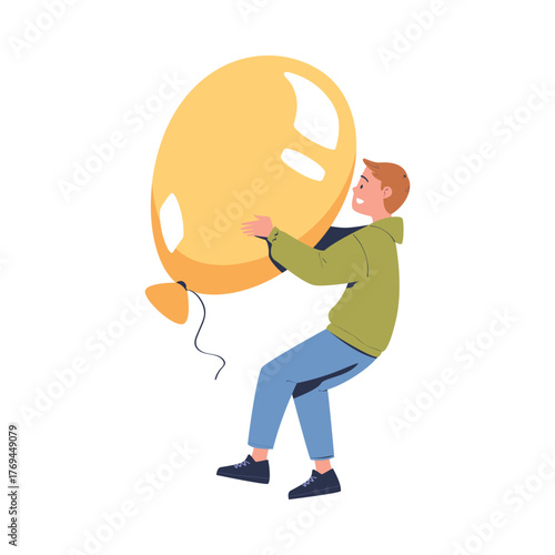 Man Character Holding Big Yellow Balloon Badge Vector Illustration