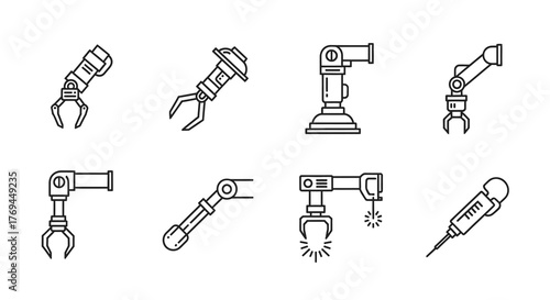 Set of robotic arms in outline style.