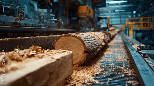 Industrial sawmill processing logs into lumber with automated machinery