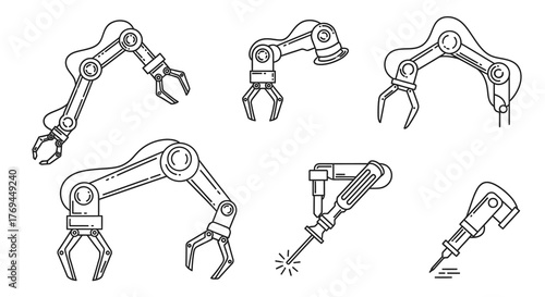 Collection of line drawings illustrating various industrial robotic arms and manipulators.