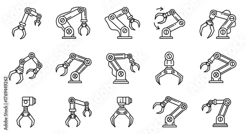 Collection of various robotic arms and grippers in a line drawing illustration style.