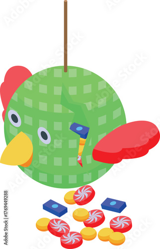 Festive chicken pinata, broken open, revealing a cascade of colorful candies and small gifts, celebrating a joyous occasion