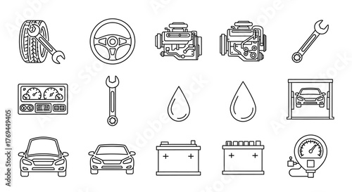 A collection of line art icons representing various car parts and automotive services, including tires, engines, steering wheels, and diagnostic tools.