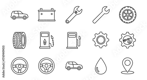 Car service icons: auto, battery, wrench, tire, gas pump, gear, steering wheel, oil drop, location.