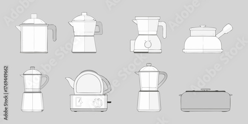 Collection of stylized line art drawings of various kitchen appliances including coffee makers and toasters on a gray background