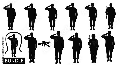 Silhouette bundle of soldiers saluting in various poses
