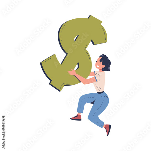 Woman Character Holding Big Green Dollar Sign Badge Vector Illustration