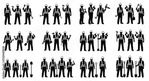 Silhouette set of construction worker in various poses and tools