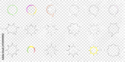Collection of transparent speech bubbles and comic style explosion shapes with colorful accents