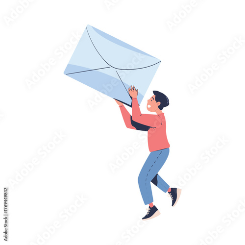 Man Character Holding Big Envelope Badge Vector Illustration