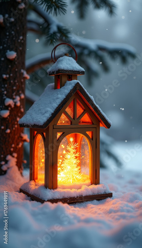 Wooden lantern with glowing light on snowy ground near tree trunk. Snowflakes fall gently pine branches. Christmas, New Year, and winter decor.