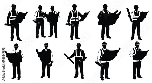 Silhouette of construction worker holding blueprint