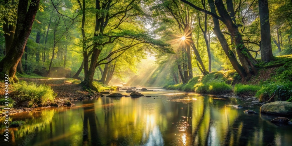 Fototapeta premium Serene Sunlight Filtering Through Lush Forest Canopy Reflecting on Calm River Water