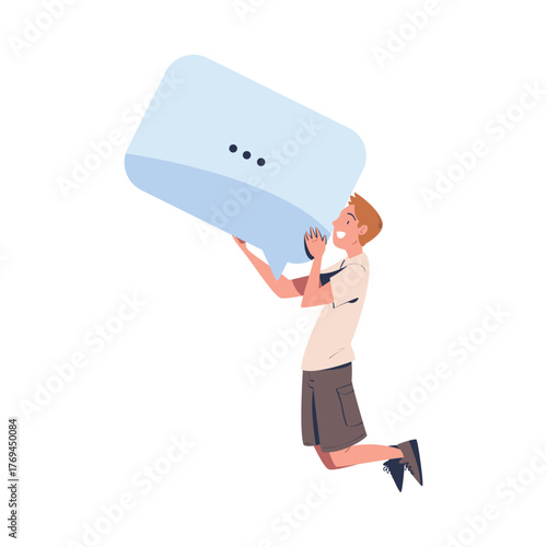Man Character Holding Big Speech Balloon Badge Vector Illustration