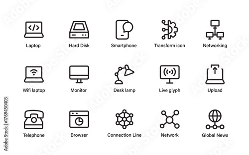 Technology and networking icon set. Professional symbols for laptop, monitor, and global news, telephone, transform linear style icon.