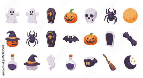 A collection of various Halloween-themed cartoon icons including ghosts, pumpkins, skulls, spiders, coffins, witch hats, bats, and potions.