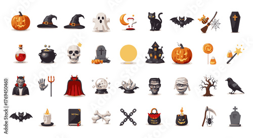A large collection of colorful and detailed Halloween icons isolated on a white background.