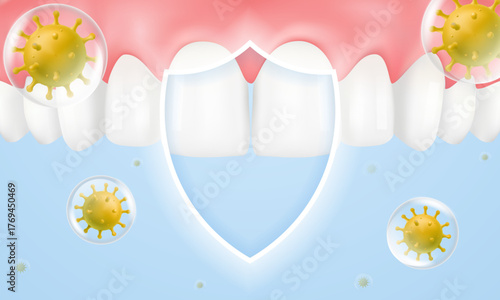 3D Realistic Vector of a dental shield protecting upper teeth. Bubbles encapsulate viruses or bacteria