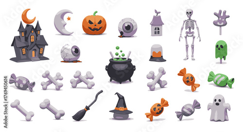 A collection of 3D cartoon Halloween icons including a haunted castle, pumpkin, skeleton, ghost, witch's hat, cauldron, bones, and candy on a white background.