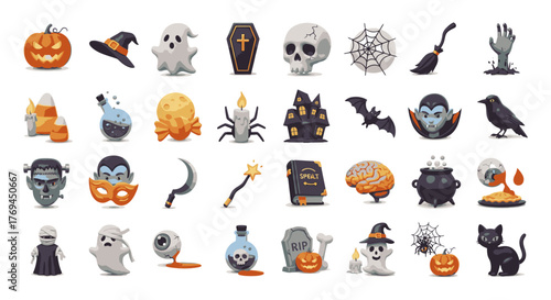 A diverse collection of colorful Halloween icons featuring spooky characters and traditional symbols.