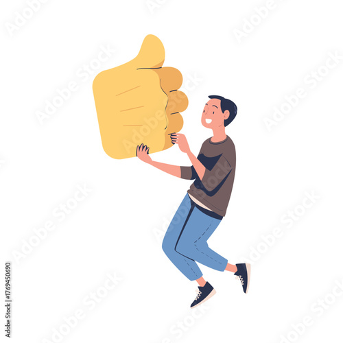 Man Character Holding Big Thumb Up Badge Vector Illustration