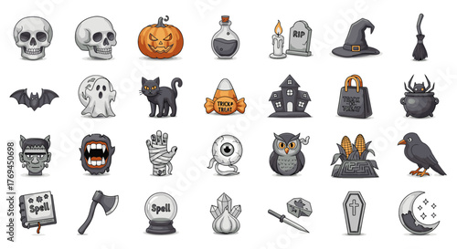 Halloween icons: skull, pumpkin, bat, ghost, cat, haunted house, witch hat, cauldron, monster, mummy, eyeball, owl, crow, spellbook, axe, crystal ball, coffin, moon.