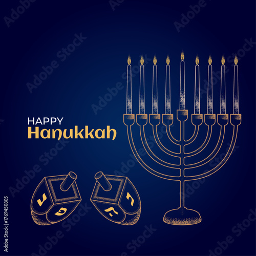 Happy Hanukkah Greeting card with Golden Menorah and Dreidels on Blue Background – Jewish Holiday Vector Illustration for Traditional Celebration, Poster, Banner, Card, Web Design and Digital Graphic 
