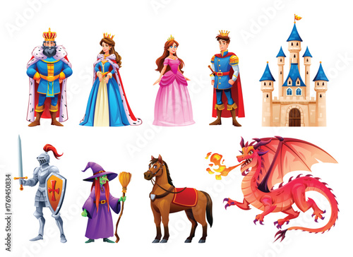 Full set of fantasy characters including king, queen, prince, princess, knight, witch, horse, castle, and dragon. Vector cartoon character illustration