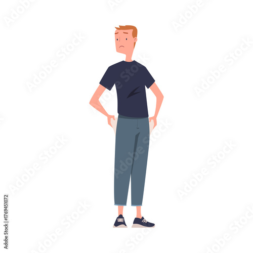 Man with Empty Pockets Sad in Standing Pose Vector Illustration