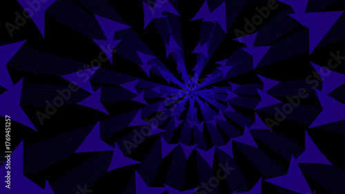 Dark purple arrows radiating in an abstract spiral pattern. Geometric vortex of purple triangles on black.