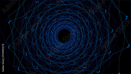 Intricate dark blue spiral abstract tunnel background.
Glowing blue interconnected lines vortex digital art.