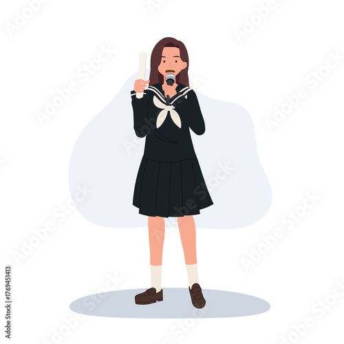 asian student in school uniform delivering speech with microphone showing youth confidence and education life moment