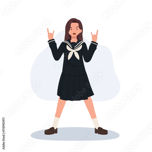 a Japanese schoolgirl in a dark sailor uniform striking a confident rock-style pose with both hands raised.