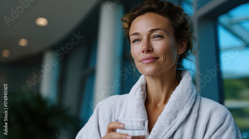 A joyful woman in a soft bathrobe enjoys a moment with a glass of water while feeling relaxed and invigorated, perfectly blending comfort and refreshment in her space.