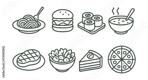 Set of food items including pizza, salad, and a hamburger