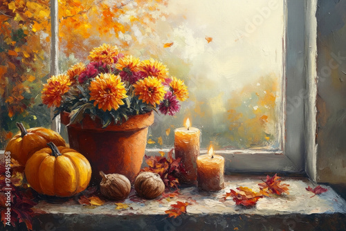 Wallpaper Mural Autumn still life with pumpkins, flowers, candles, and fall foliage by a window Torontodigital.ca