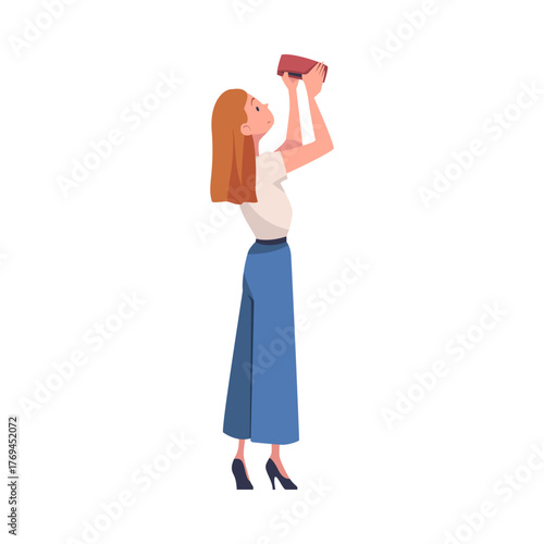 Woman with Empty Pockets Sad in Standing Pose Vector Illustration